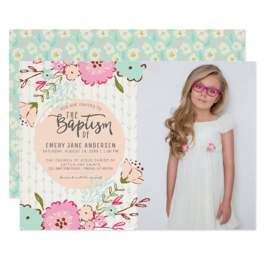 Lds Baptism Photo Invitation Elegant Floral Girl Zazzle Com