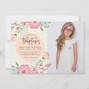 LDS BAPTISM PHOTO INVITE   Elegant Floral Girl