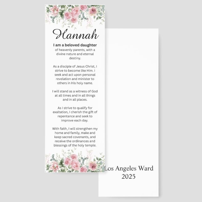 LDS Young Women Theme Personalized  Bookmarks (Front & Back)