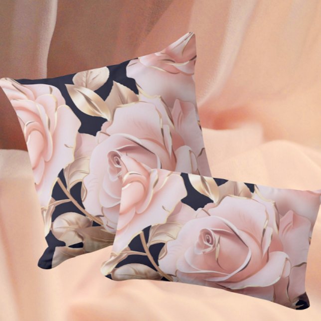 Le Boudoir Noir Peachy Pink Roses on Black Throw Pillow (Pink peach gold on black)