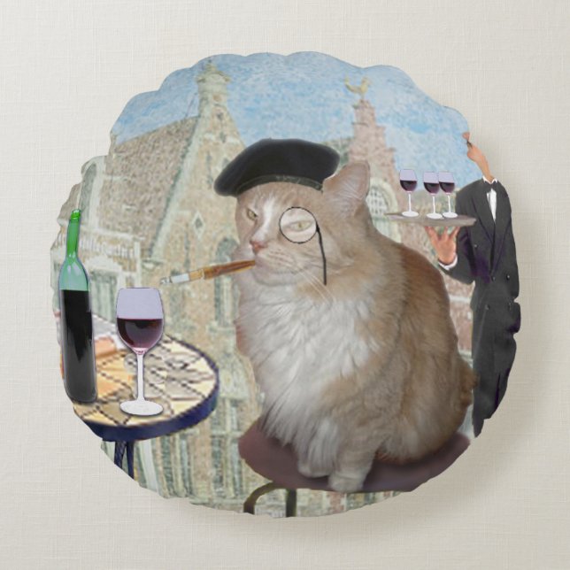 Le Cat du Cafe Round Pillow (Front)