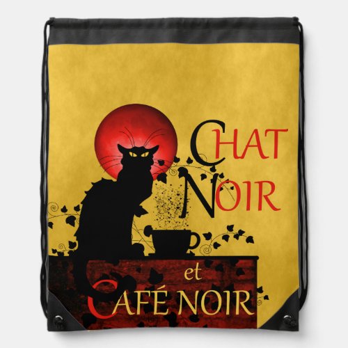 Le Chat Noir et Caf Noir black cat black coffee Drawstring Bag