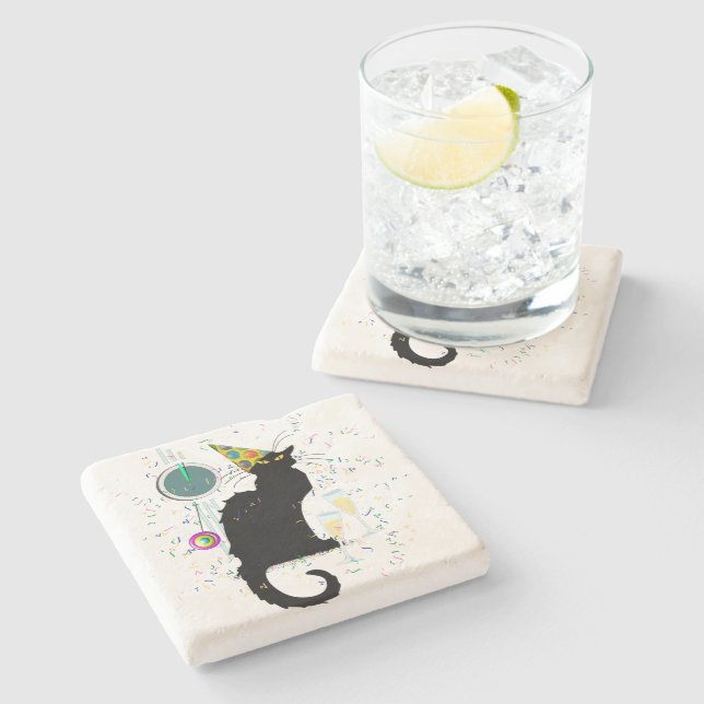 Le Chat Noir Happy New Year Party Stone Coaster (Side)