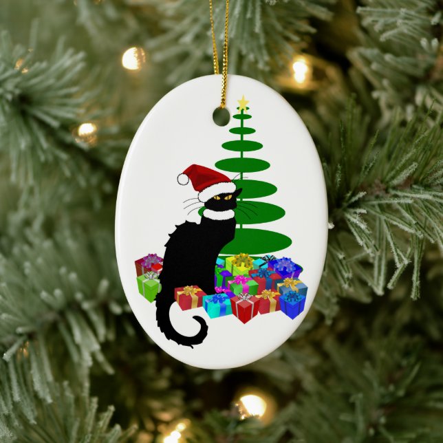 Le Chat Noir Santa Hat Christmas Ceramic Ornament (Tree)