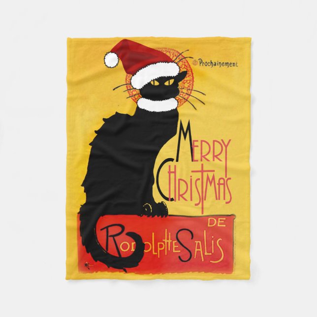 Le Chat Noir Santa Hat Christmas Fleece Blanket (Front)