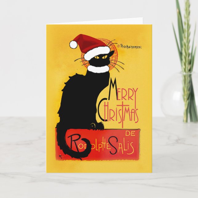 Le Chat Noir Santa Hat Christmas Holiday Card (Front)