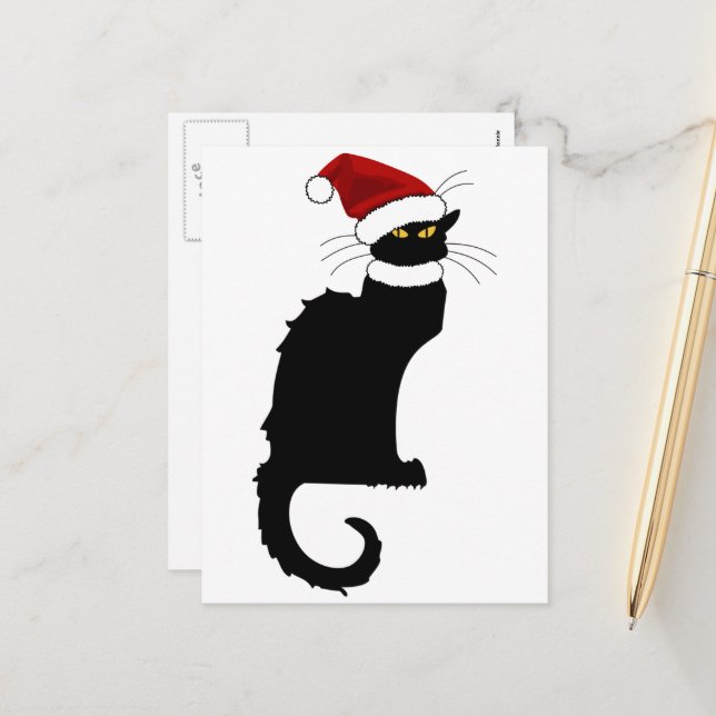 Le Chat Noir Santa Hat Christmas Holiday Postcard (Front/Back In Situ)