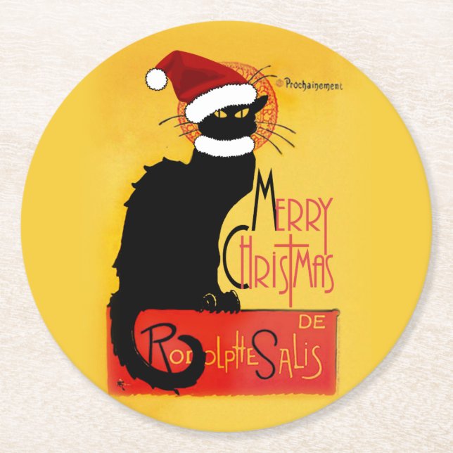 Le Chat Noir Santa Hat Christmas Round Paper Coaster (Front)