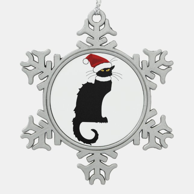 Le Chat Noir Santa Hat Christmas Snowflake Pewter Christmas Ornament (Front)