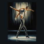 LE DUO GLACÉ (The Icy Duo) Poster<br><div class="desc">A breathtaking Art Deco oil painting depicting a male and female figure skating duo in shimmering silver costumes,  their intertwined,  stylized geometric forms frozen at the apex of a dramatic lift and sculpted by theatrical chiaroscuro lighting.</div>
