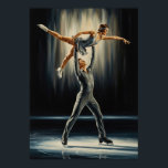 LE DUO GLACÉ (The Icy Duo) Poster<br><div class="desc">A breathtaking Art Deco oil painting depicting a male and female figure skating duo in shimmering silver costumes, their intertwined, stylized geometric forms frozen at the apex of a dramatic lift and sculpted by theatrical chiaroscuro lighting.</div>