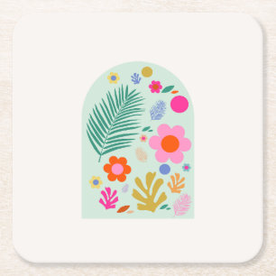 Le Jardin 03 Abstract Floral Green Pink Flowers Square Paper Coaster
