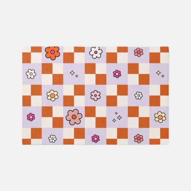 Le Jardin 08 Retro Floral Check Daisies Lavender Rug (Front)
