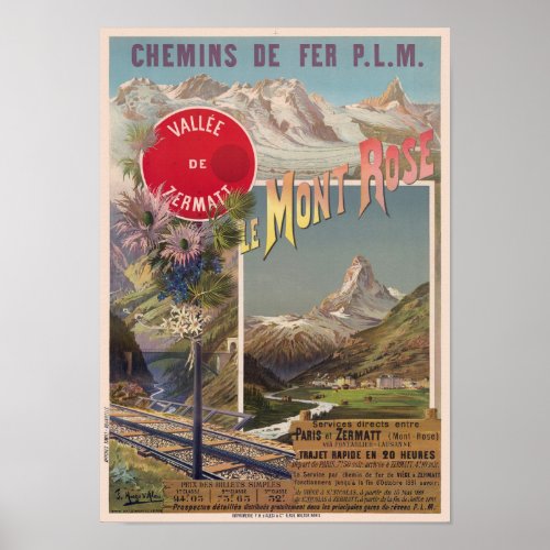 Le Mont Rose Switzerland Vintage Poster 1891