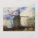 Le Moulin de la Galette by Vincent van Gogh Postcard<br><div class="desc">Le Moulin de la Galette by Vincent van Gogh is a vintage fine art post impressionism architectural painting featuring a windmill at the top of a hill in Montmartre, France with a farmer working his field. About the artist: Vincent Willem van Gogh was a Post Impressionist painter whose work was...</div>