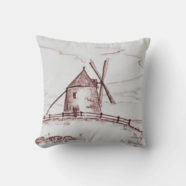 Le Moulin de Moidrey Windmill | Pontorson Throw Pillow (Front)