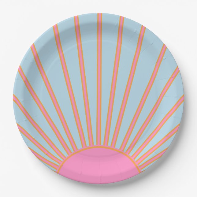 Le Soleil 02 Retro Sun Pink And Blue Sunshine Paper Plates (Front)