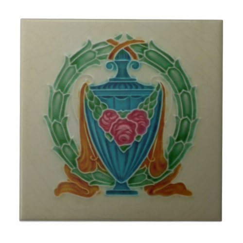 Lea  Boulton Repro 1900 Colorful Urn Roses Wreath Ceramic Tile
