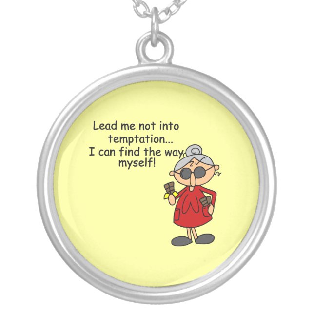Lead Me Not Into Temptation Humor Silver Plated Necklace (Front)