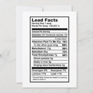 Lead singer "Nutritional Information Label" Card