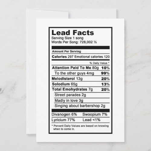 Lead singer Nutritional Information Label Card