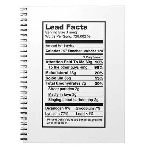 Lead singer Nutritional Information Label Notebook