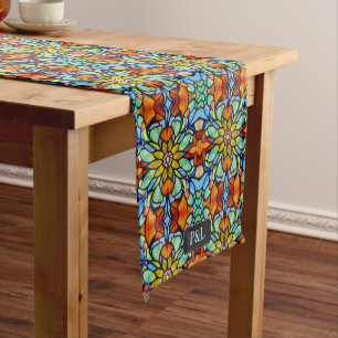 Leaded Door Panel Style Vintage Design & Initials Short Table Runner