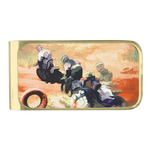 Leading the Pack Motocross Dirt_Bike Racers Gold Finish Money Clip