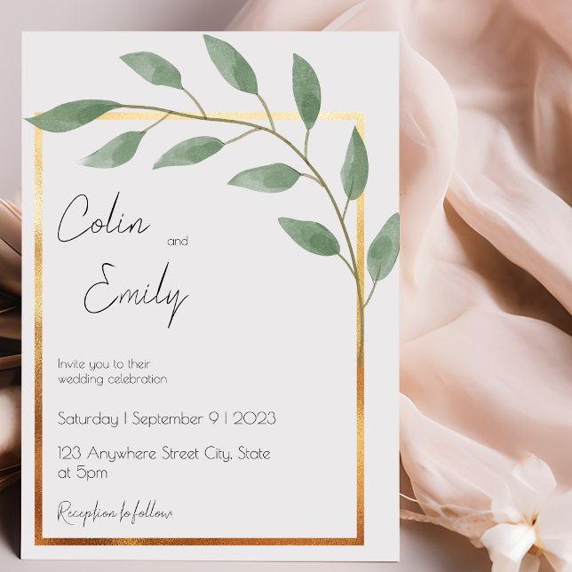 Leaf and Bronze Border, Minimalist Wedding Invitation (Creator Uploaded)