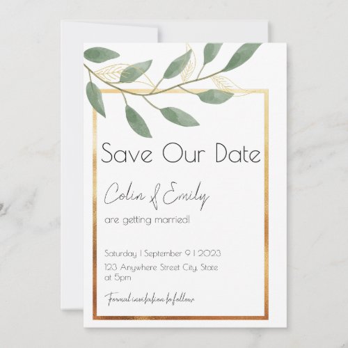 Leaf and Bronze Border Minimalist Wedding Save The Date