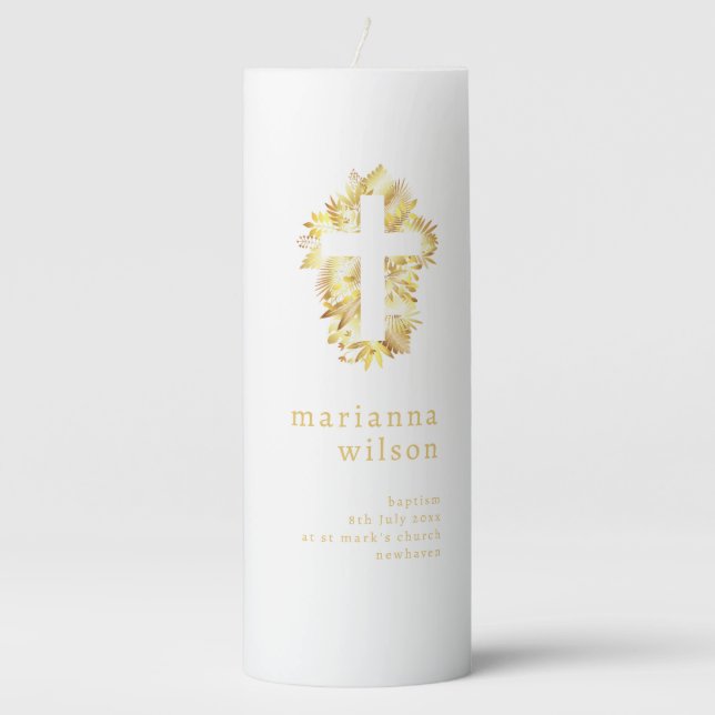 Leaf and Cross Baptism Pillar Candle (Front)