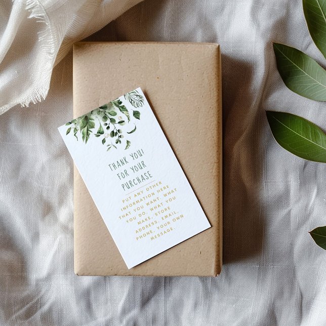 Leaf and plants insert Card for customer orders. (Leafs and plants with thank you message in green and gold enclosure card.)