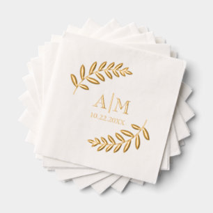 Leaf Botanical Modern Monogram & Date Wedding Foil Napkins