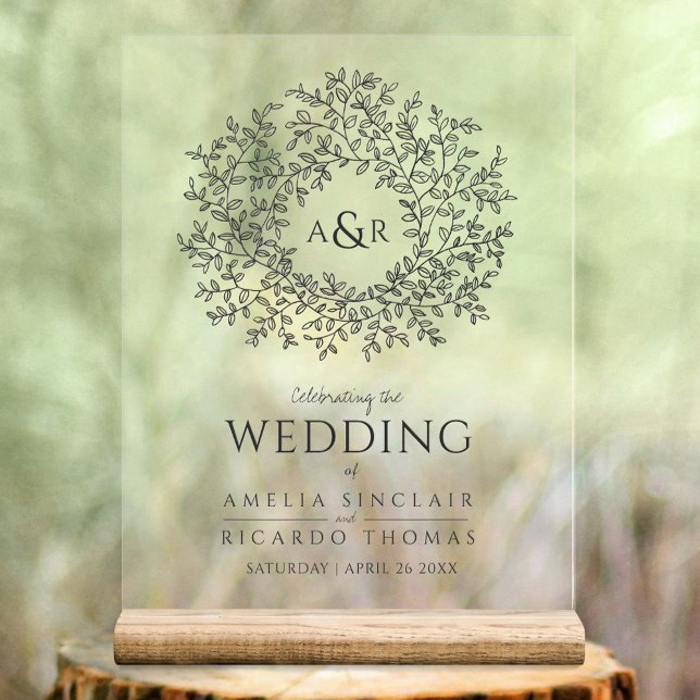 Leaf circle line art wedding dark gray and white  acrylic sign (Creator Uploaded)