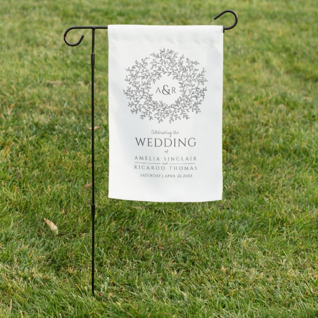 Leaf circle line art wedding dark gray and white garden flag (In SItu)
