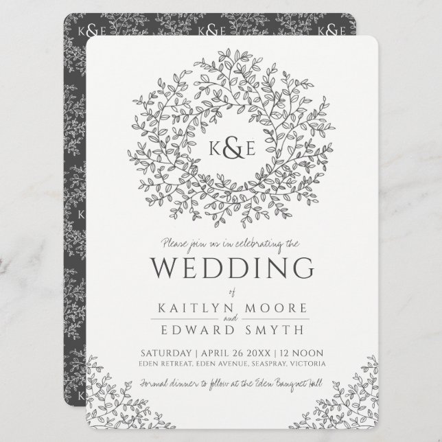 Leaf circle line art wedding dark gray and white invitation (Front/Back)