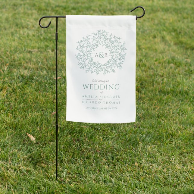 Leaf circle line art wedding green and white garden flag (In SItu)
