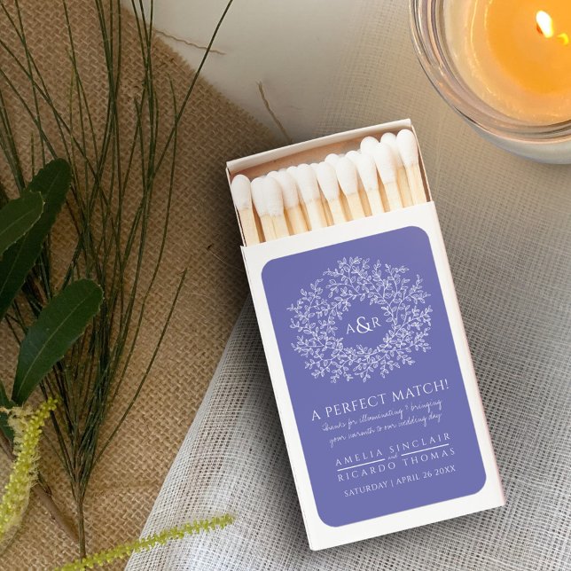 Leaf circle purple blue peri monogram art wedding matchboxes (Creator Uploaded)