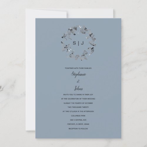 Leaf Crest Monogram Dusty Blue Grey Wedding Invitation