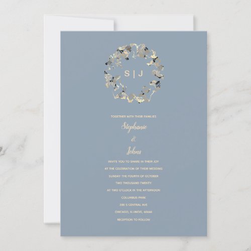Leaf Crest Monogram Dusty Blue Ivory Wedding Invitation