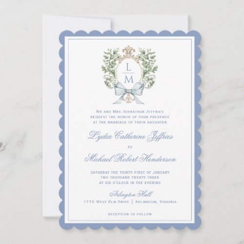 Leaf Crest Monogram  Scalloped Wedding Invitation