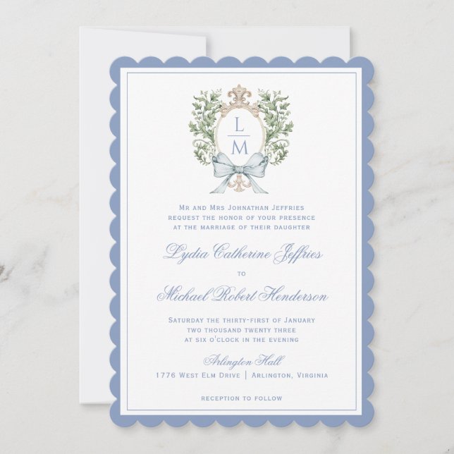Leaf Crest Monogram | Scalloped Wedding Invitation (Front)