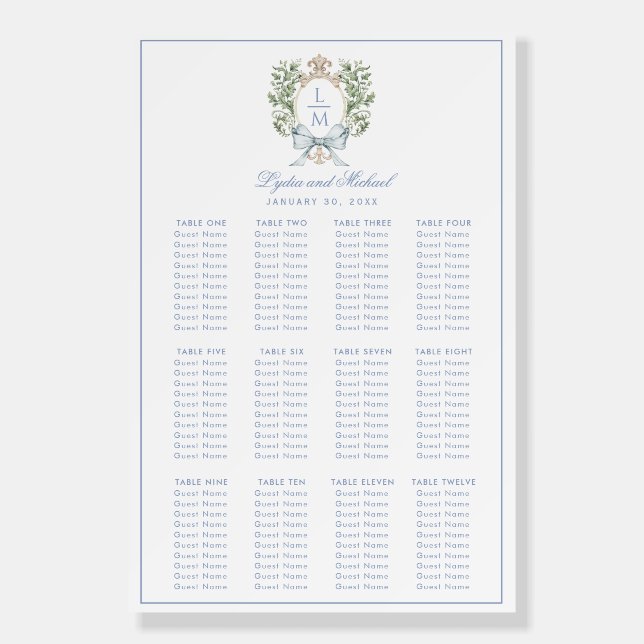 Leaf Crest Monogram Wedding Seating Chart Foam Board (Front)