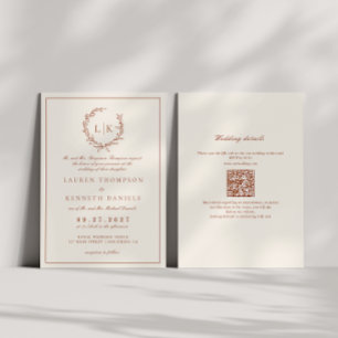 Leaf Crest Terracotta & Cream Qr Code Wedding Invitation