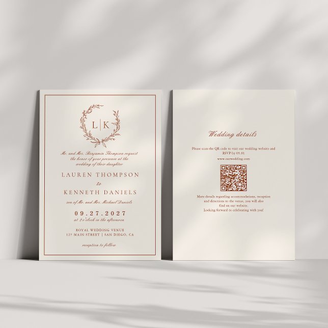 Leaf Crest Terracotta & Cream Qr Code Wedding Invitation (Creator Uploaded)