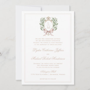 Leaf Crest w/ Bow  Tan Text   Monogram Wedding Invitation