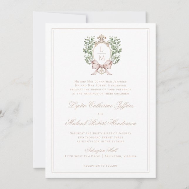 Leaf Crest w/ Tan Bow | Monogram Wedding Invitation (Front)