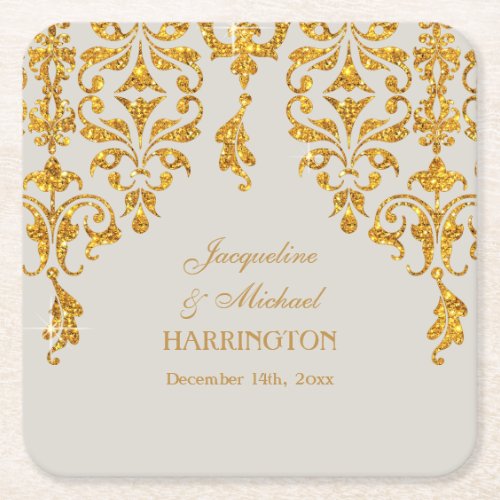 Leaf Damask Art Nouveau Glitter Reception Decor Square Paper Coaster