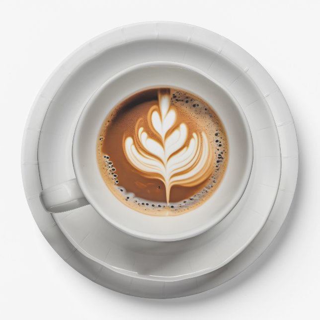 Leaf Design Cappuccino In White Cup Paper Plates (Front)