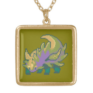Leaf dragon, leaf dragon, pixel art, Pixelart Gold Plated Necklace